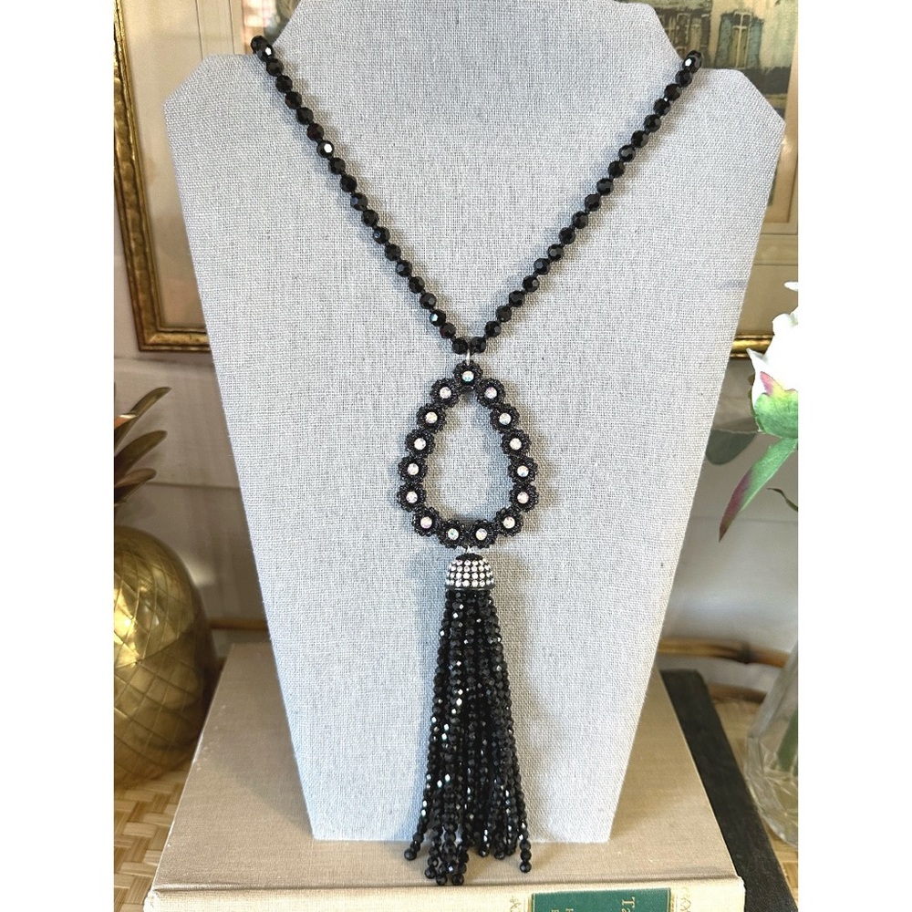 Black Rhinestone beaded necklace with a teardrop-shaped pendant & Beaded tassels